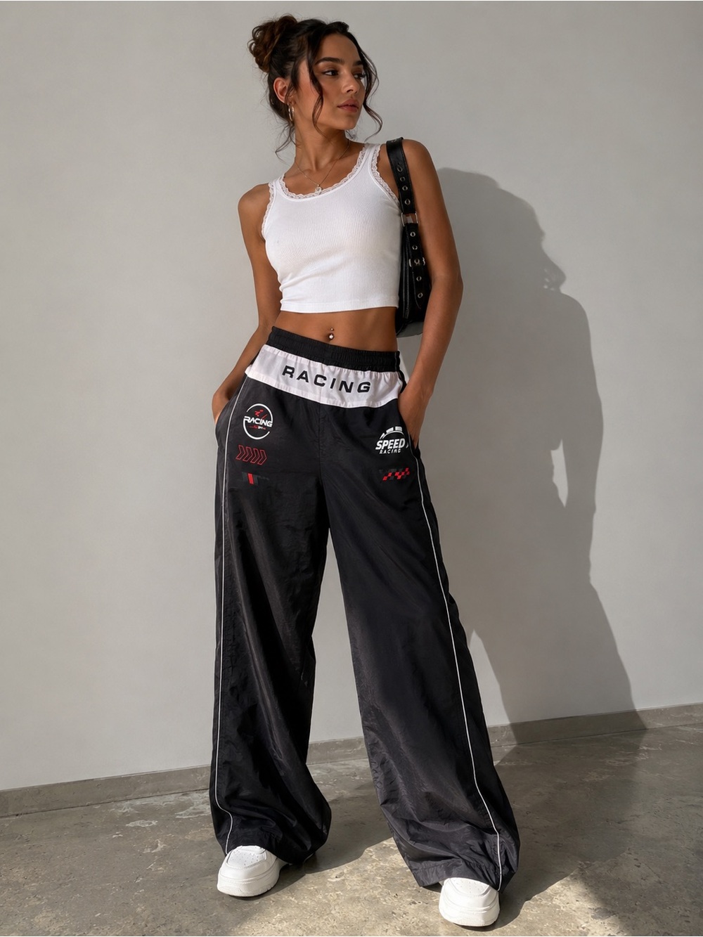 Y2K Racing Track Pants Black Nylon Wide Leg Moto Streetwear M